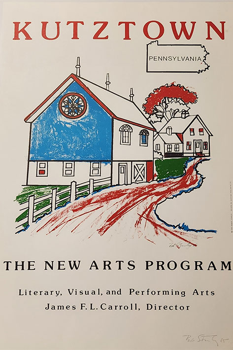 An illustration that features a rural scene with a blue barn and hex sign with the words 