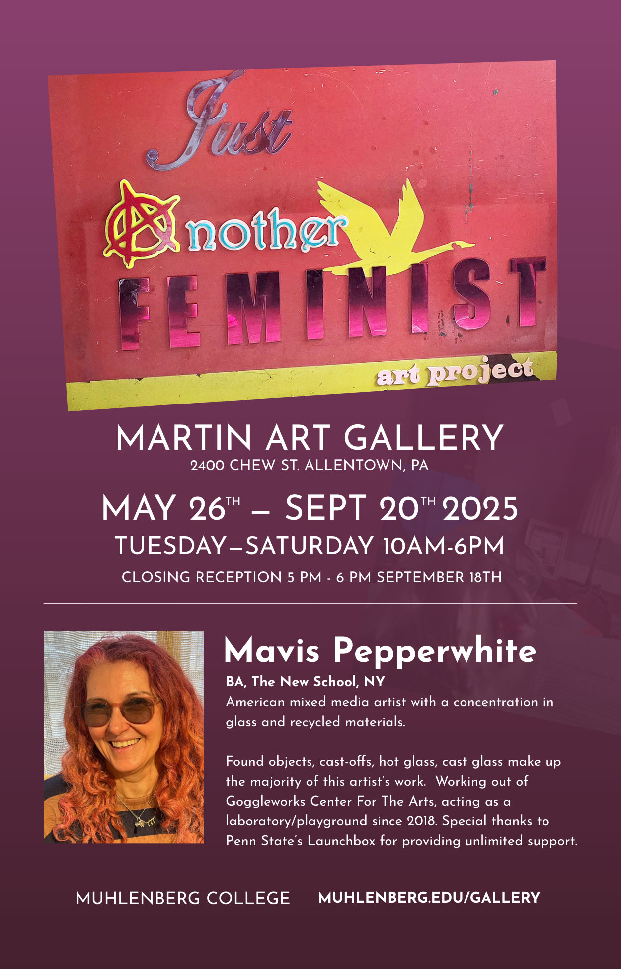 A promotional flyer for the upcoming exhibition: Just Another Feminist Art Project featuring artist Mavis Pepperwhite.