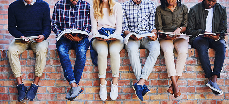 Group of students sitting on top of a wall each reading a book.