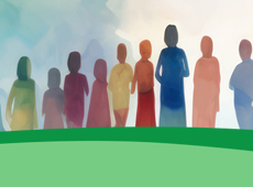 Watercolor image of people in a group with a green wave below them.