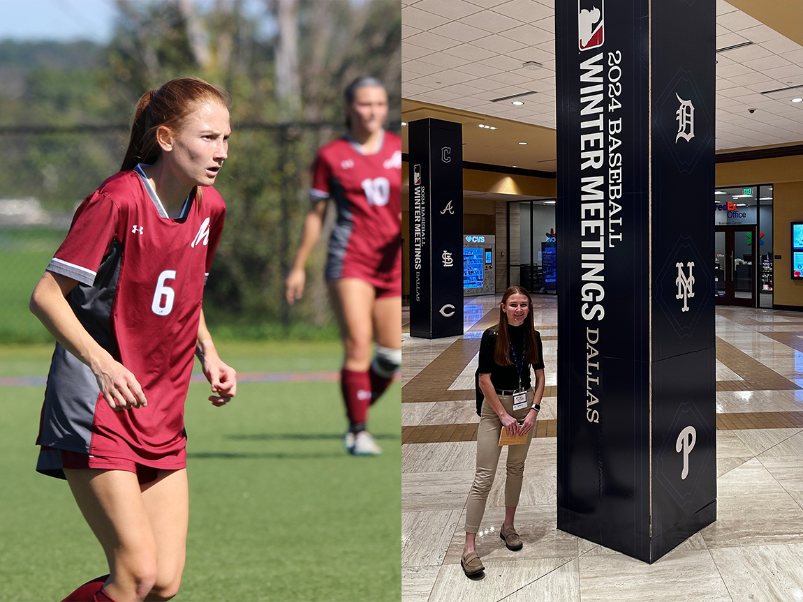 Two images: At left, a college student in a red jersey playing soccer, at right a college student next to a pillar that says 2024 Baseball Winter Meetings Dallas