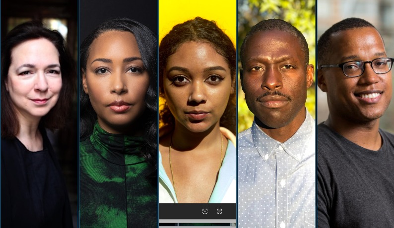 Left to right: Muhlenberg College 2025 Living Writer Series authors Lorrie Moore, Safiya Sinclair, Safia Elhillo, Roger Reeves, and Branden Jacobs-Jenkins